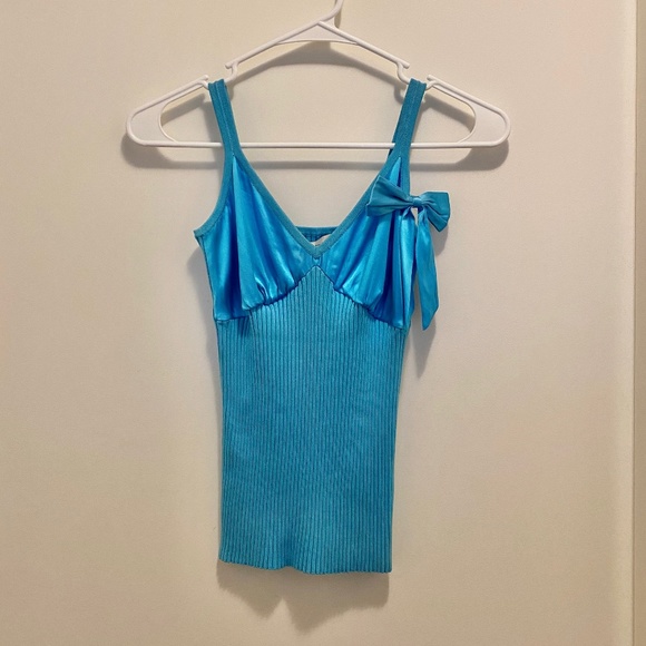 NWT Bebe Silk Ribbed Bow Tank Top Turquoise M - Picture 1 of 10